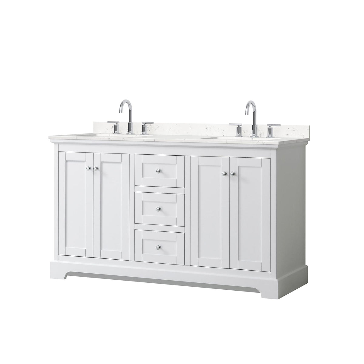 Wyndham Collection Avery 60" Double Bathroom Vanity in White, Carrara Cultured Marble Countertop, Undermount Square Sinks (3-Hole), Polished Chrome Trim
