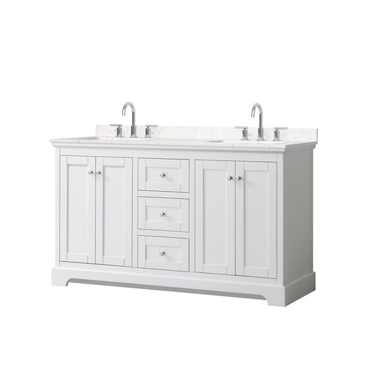 Wyndham Collection Avery 60" Double Bathroom Vanity in White, Carrara Cultured Marble Countertop, Undermount Square Sinks (3-Hole), Polished Chrome Trim