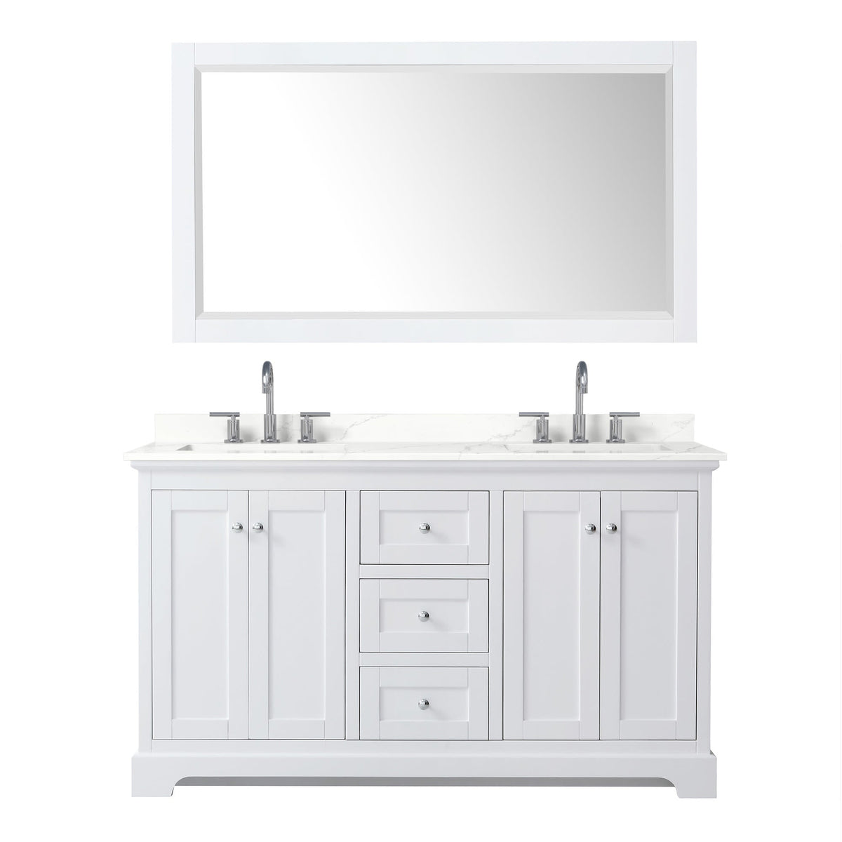 Wyndham Collection Avery 60" Double Bathroom Vanity in White, Giotto Quartz Countertop, Undermount Square Sinks (3-Hole), Polished Chrome Trim and 58" Mirror