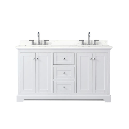 Wyndham Collection Avery 60" Double Bathroom Vanity in White, Giotto Quartz Countertop, Undermount Square Sinks (3-Hole), Polished Chrome Trim