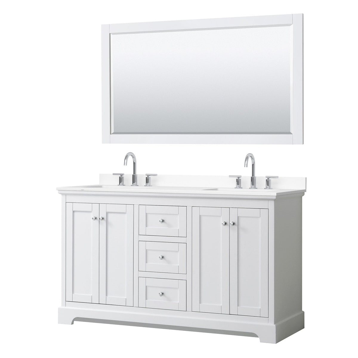Wyndham Collection Avery 60" Double Bathroom Vanity in White, White Cultured Marble Countertop, Undermount Square Sinks (3-Hole), Polished Chrome Trim and 58" Mirror