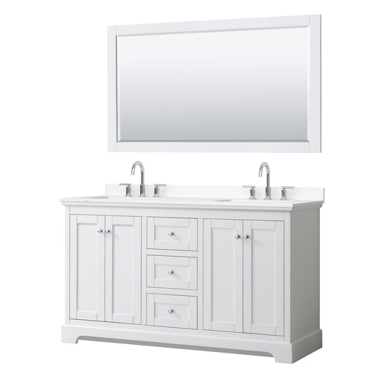 Wyndham Collection Avery 60" Double Bathroom Vanity in White, White Cultured Marble Countertop, Undermount Square Sinks (3-Hole), Polished Chrome Trim and 58" Mirror