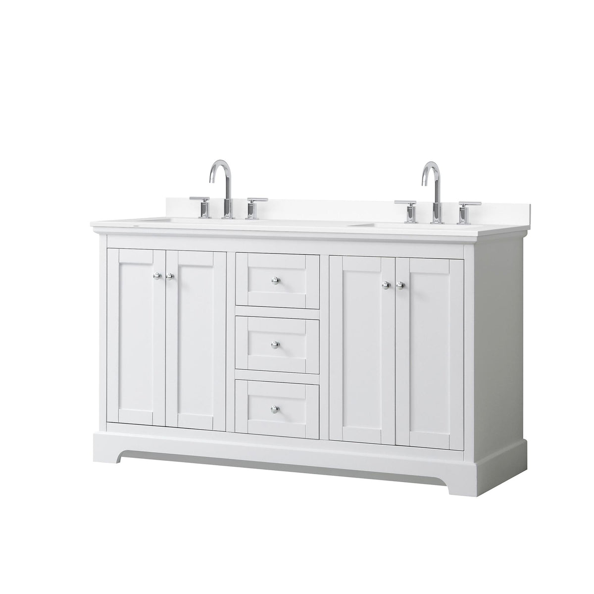 Wyndham Collection Avery 60" Double Bathroom Vanity in White, White Cultured Marble Countertop, Undermount Square Sinks (3-Hole), Polished Chrome Trim