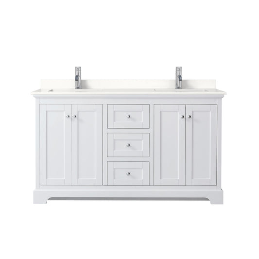 Wyndham Collection Avery 60" Double Bathroom Vanity in White, White Quartz Countertop, Undermount Square Sinks (1-Hole), Polished Chrome Trim