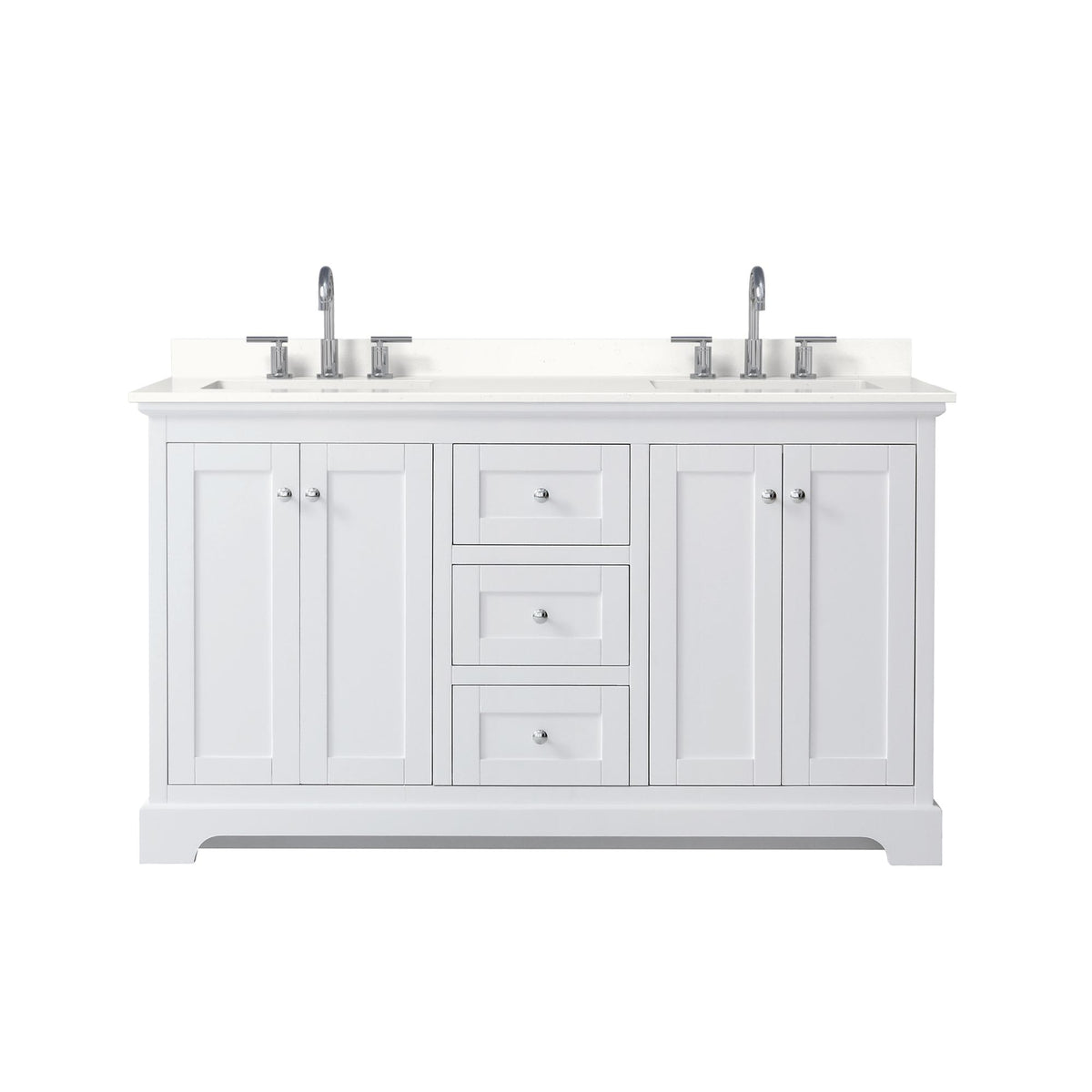 Wyndham Collection Avery 60" Double Bathroom Vanity in White, White Quartz Countertop, Undermount Square Sinks (3-Hole), Polished Chrome Trim