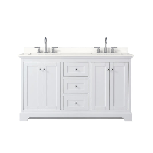 Wyndham Collection Avery 60" Double Bathroom Vanity in White, White Quartz Countertop, Undermount Square Sinks (3-Hole), Polished Chrome Trim