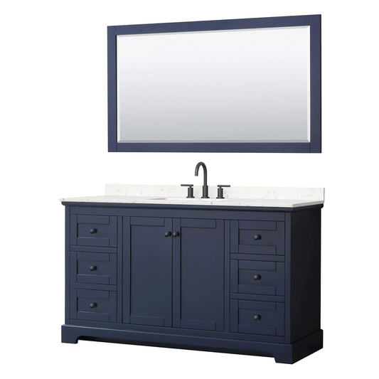 Wyndham Collection Avery 60" Single Bathroom Vanity in Dark Blue, Carrara Cultured Marble Countertop, Undermount Square Sink (3-Hole), Matte Black Trim and 58" Mirror
