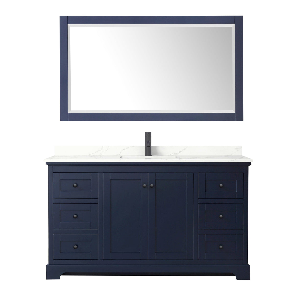 Wyndham Collection Avery 60" Single Bathroom Vanity in Dark Blue, Giotto Quartz Countertop, Undermount Square Sink (1-Hole), Matte Black Trim and 58" Mirror