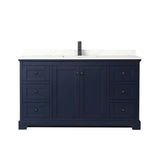 Wyndham Collection Avery 60" Single Bathroom Vanity in Dark Blue, Giotto Quartz Countertop, Undermount Square Sink (1-Hole), Matte Black Trim