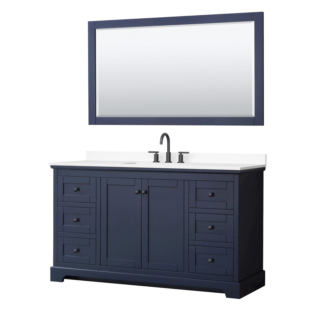 Wyndham Collection Avery 60" Single Bathroom Vanity in Dark Blue, White Cultured Marble Countertop, Undermount Square Sink (3-Hole), Matte Black Trim and 58" Mirror