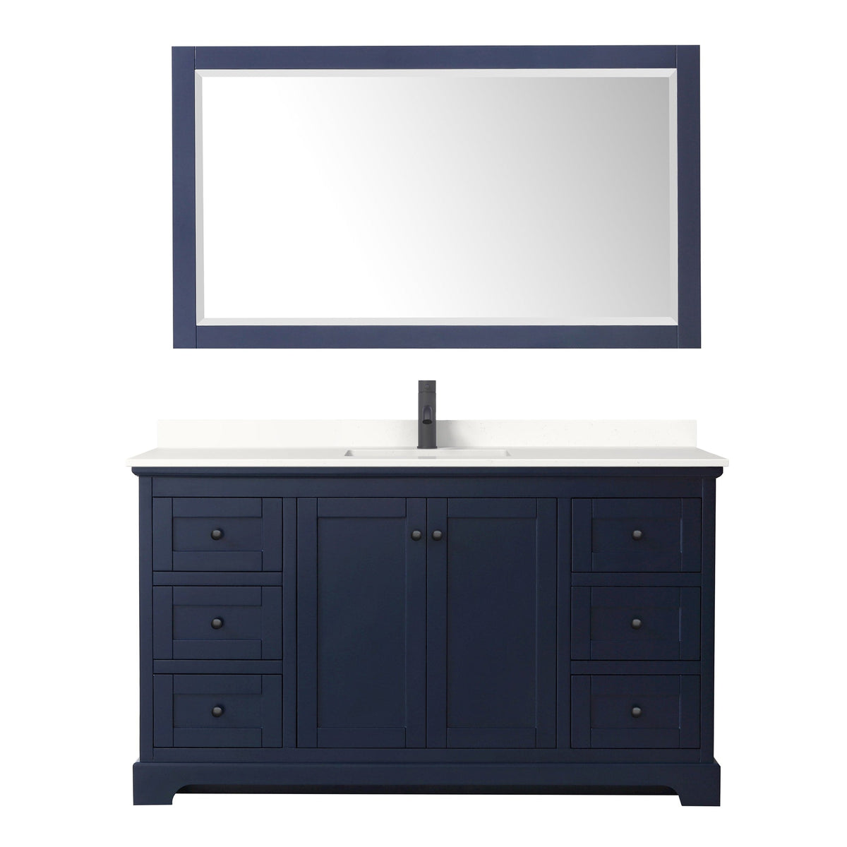 Wyndham Collection Avery 60" Single Bathroom Vanity in Dark Blue, White Quartz Countertop, Undermount Square Sink (1-Hole), Matte Black Trim and 58" Mirror