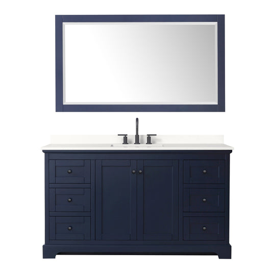Wyndham Collection Avery 60" Single Bathroom Vanity in Dark Blue, White Quartz Countertop, Undermount Square Sink (3-Hole), Matte Black Trim and 58" Mirror