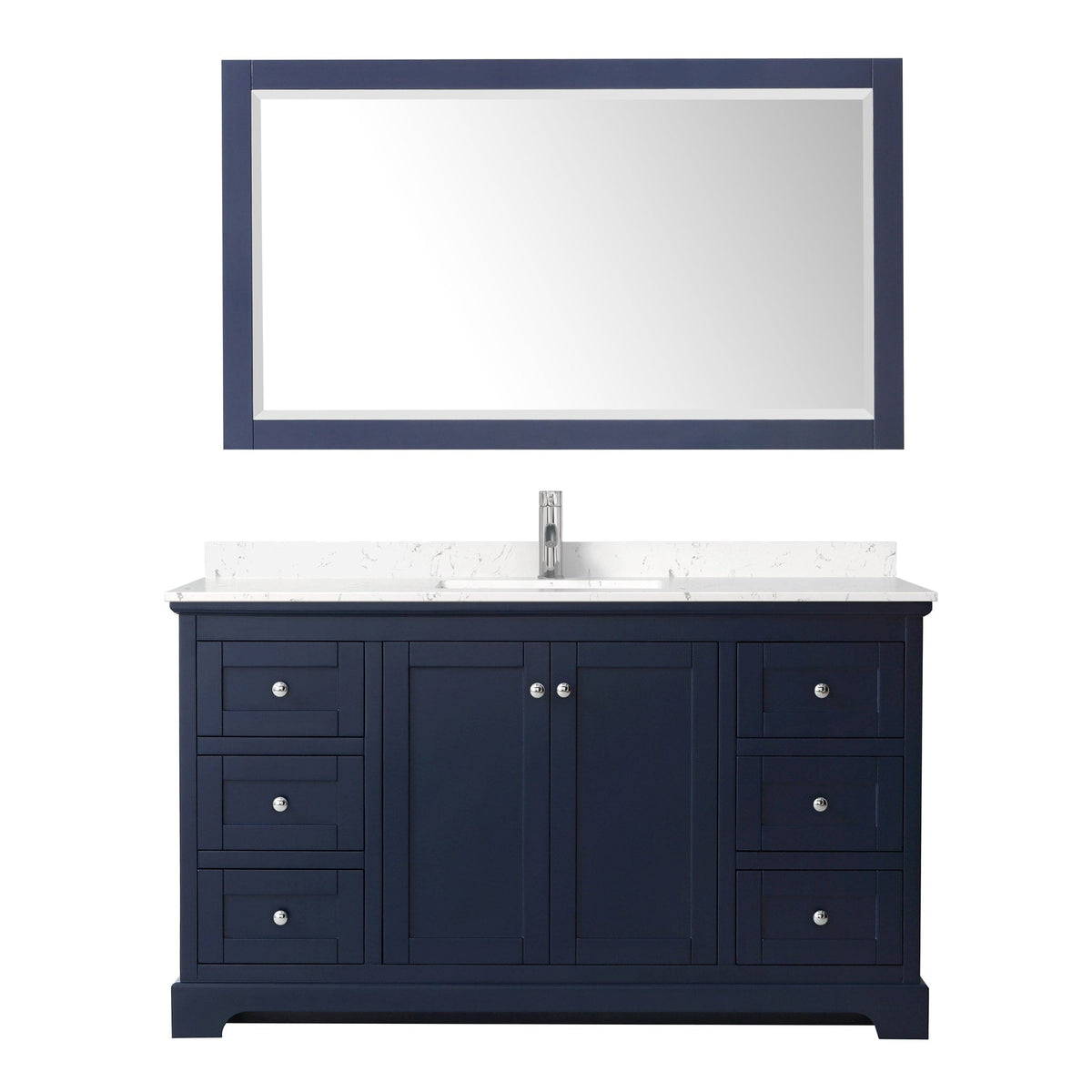 Wyndham Collection Avery 60" Single Bathroom Vanity in Dark Blue, Carrara Cultured Marble Countertop, Undermount Square Sink (1-Hole), Polished Chrome Trim and 58" Mirror