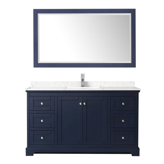 Wyndham Collection Avery 60" Single Bathroom Vanity in Dark Blue, Carrara Cultured Marble Countertop, Undermount Square Sink (1-Hole), Polished Chrome Trim and 58" Mirror