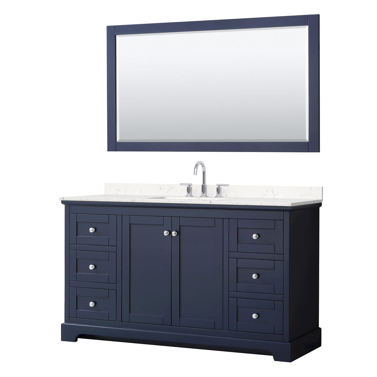 Wyndham Collection Avery 60" Single Bathroom Vanity in Dark Blue, Carrara Cultured Marble Countertop, Undermount Square Sink (3-Hole), Polished Chrome Trim and 58" Mirror
