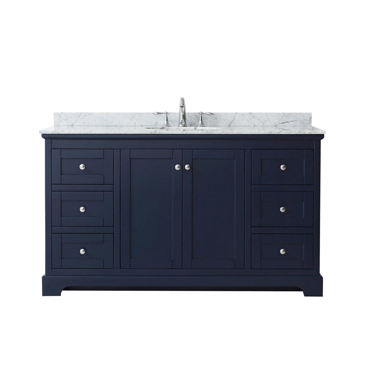 Wyndham Collection Avery 60" Single Bathroom Vanity in Dark Blue, White Carrara Marble Countertop, Undermount Oval Sink (3-Hole), Polished Chrome Trim