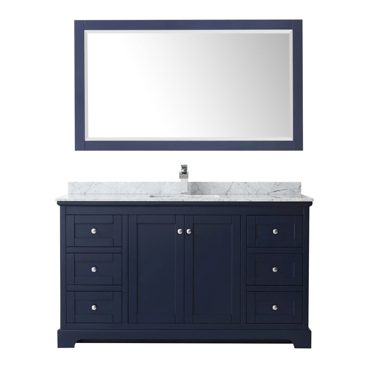 Wyndham Collection Avery 60" Single Bathroom Vanity in Dark Blue, White Carrara Marble Countertop, Undermount Square Sink (1-Hole), Polished Chrome Trim and 58" Mirror