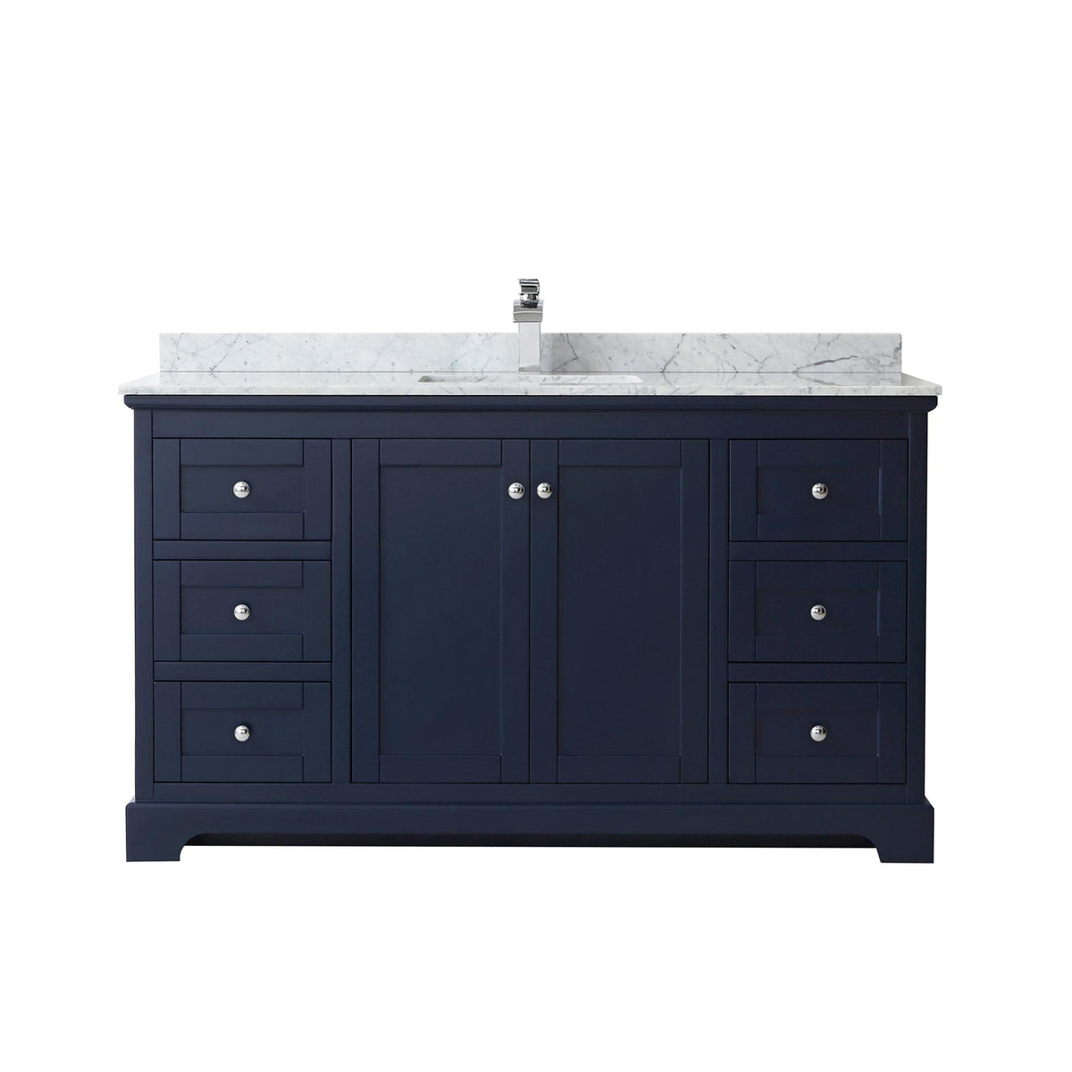 Wyndham Collection Avery 60" Single Bathroom Vanity in Dark Blue, White Carrara Marble Countertop, Undermount Square Sink (1-Hole), Polished Chrome Trim