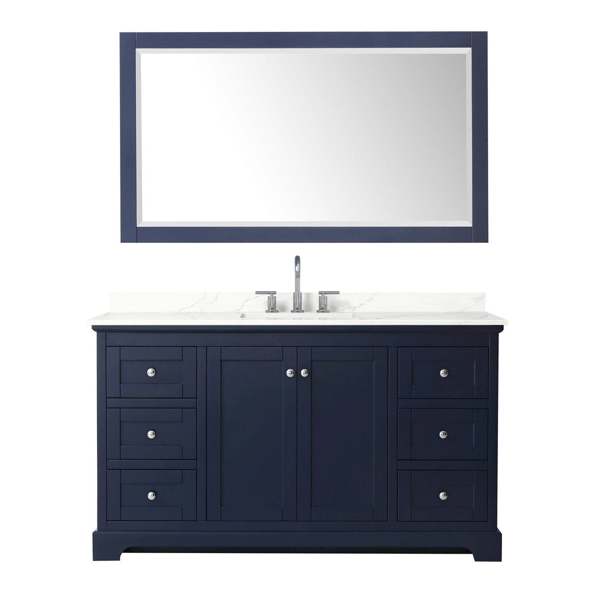 Wyndham Collection Avery 60" Single Bathroom Vanity in Dark Blue, Giotto Quartz Countertop, Undermount Square Sink (3-Hole), Polished Chrome Trim and 58" Mirror