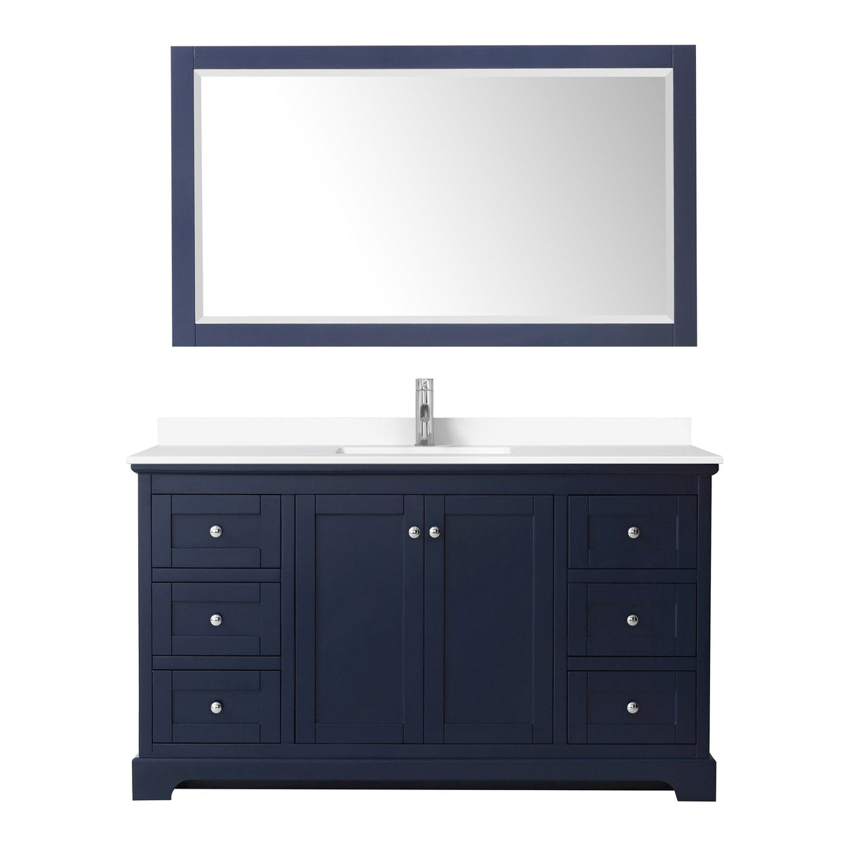Wyndham Collection Avery 60" Single Bathroom Vanity in Dark Blue, White Cultured Marble Countertop, Undermount Square Sink (1-Hole), Polished Chrome Trim and 58" Mirror