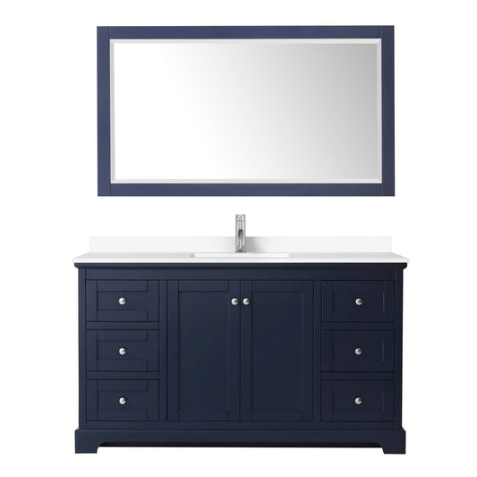 Wyndham Collection Avery 60" Single Bathroom Vanity in Dark Blue, White Cultured Marble Countertop, Undermount Square Sink (1-Hole), Polished Chrome Trim and 58" Mirror