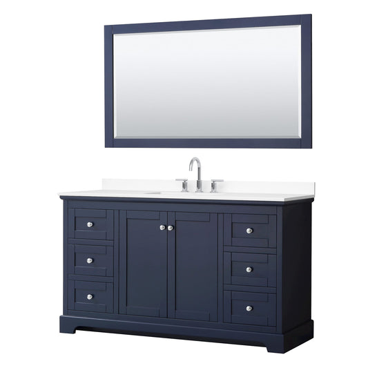 Wyndham Collection Avery 60" Single Bathroom Vanity in Dark Blue, White Cultured Marble Countertop, Undermount Square Sink (3-Hole), Polished Chrome Trim and 58" Mirror