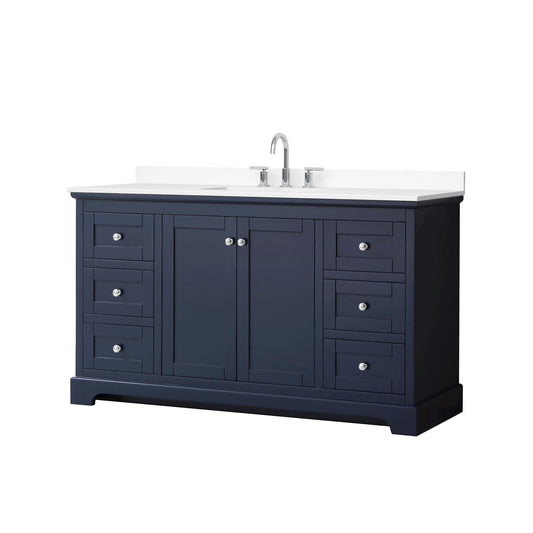 Wyndham Collection Avery 60" Single Bathroom Vanity in Dark Blue, White Cultured Marble Countertop, Undermount Square Sink (3-Hole), Polished Chrome Trim