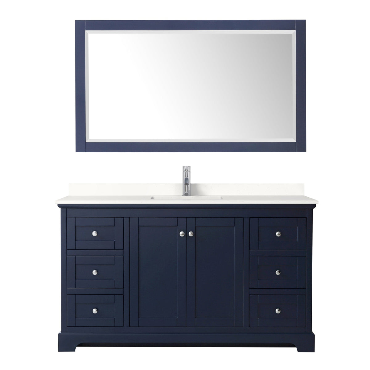 Wyndham Collection Avery 60" Single Bathroom Vanity in Dark Blue, White Quartz Countertop, Undermount Square Sink (1-Hole), Polished Chrome Trim and 58" Mirror