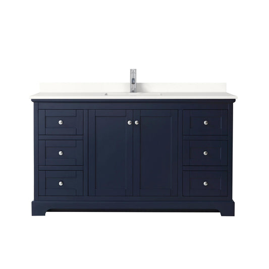Wyndham Collection Avery 60" Single Bathroom Vanity in Dark Blue, White Quartz Countertop, Undermount Square Sink (1-Hole), Polished Chrome Trim