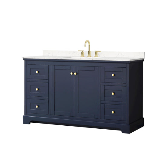 Wyndham Collection Avery 60" Single Bathroom Vanity in Dark Blue, Carrara Cultured Marble Countertop, Undermount Square Sink (3-Hole), Brushed Gold Trim