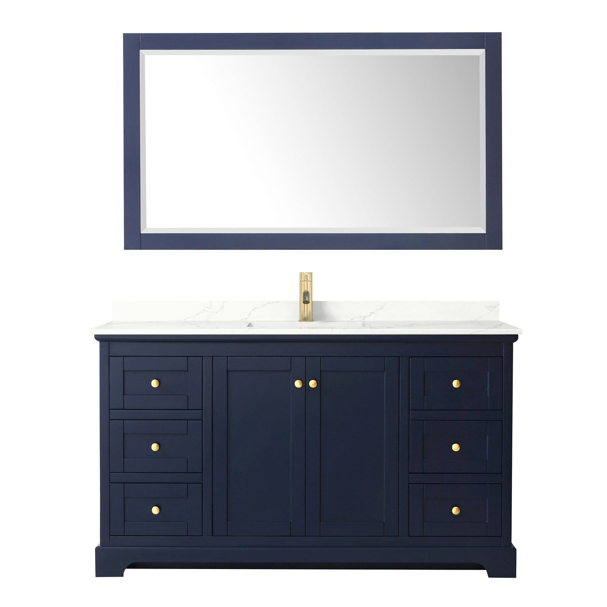 Wyndham Collection Avery 60" Single Bathroom Vanity in Dark Blue, Giotto Quartz Countertop, Undermount Square Sink (1-Hole), Brushed Gold Trim and 58" Mirror