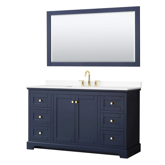 Wyndham Collection Avery 60" Single Bathroom Vanity in Dark Blue, White Cultured Marble Countertop, Undermount Square Sink (3-Hole), Brushed Gold Trim and 58" Mirror