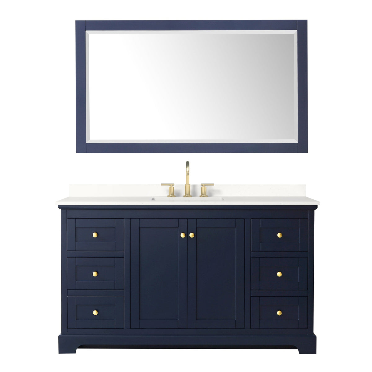 Wyndham Collection Avery 60" Single Bathroom Vanity in Dark Blue, White Quartz Countertop, Undermount Square Sink (3-Hole), Brushed Gold Trim and 58" Mirror