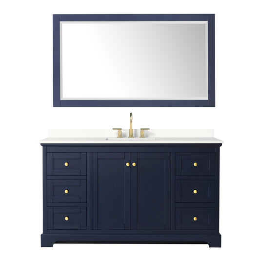 Wyndham Collection Avery 60" Single Bathroom Vanity in Dark Blue, White Quartz Countertop, Undermount Square Sink (3-Hole), Brushed Gold Trim and 58" Mirror