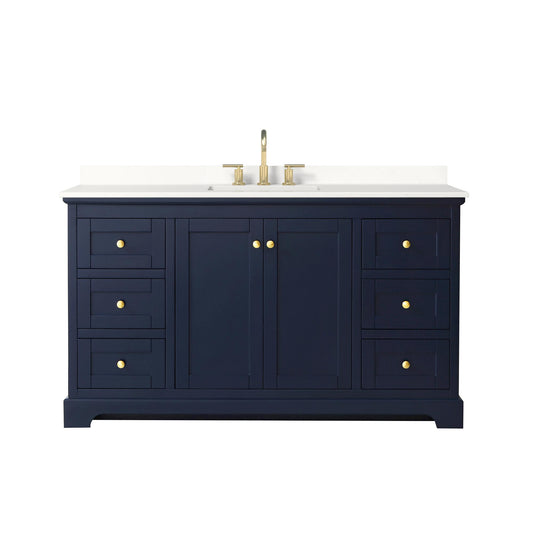 Wyndham Collection Avery 60" Single Bathroom Vanity in Dark Blue, White Quartz Countertop, Undermount Square Sink (3-Hole), Brushed Gold Trim
