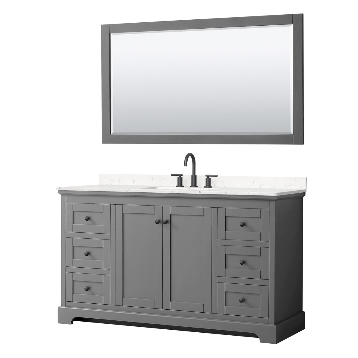 Wyndham Collection Avery 60" Single Bathroom Vanity in Dark Gray, Carrara Cultured Marble Countertop, Undermount Square Sink (3-Hole), Matte Black Trim and 58" Mirror