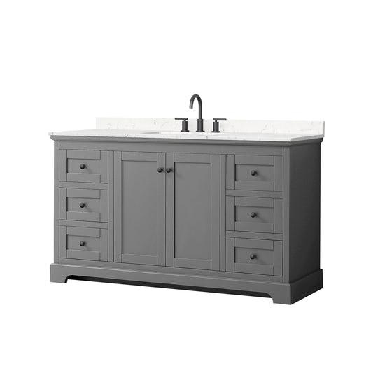 Wyndham Collection Avery 60" Single Bathroom Vanity in Dark Gray, Carrara Cultured Marble Countertop, Undermount Square Sink (3-Hole), Matte Black Trim