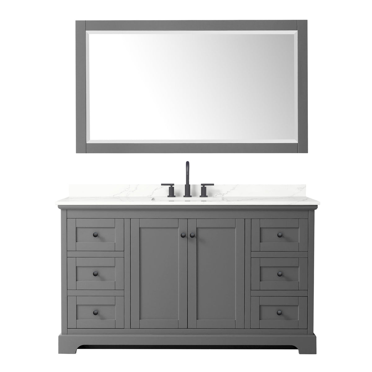 Wyndham Collection Avery 60" Single Bathroom Vanity in Dark Gray, Giotto Quartz Countertop, Undermount Square Sink (3-Hole), Matte Black Trim and 58" Mirror