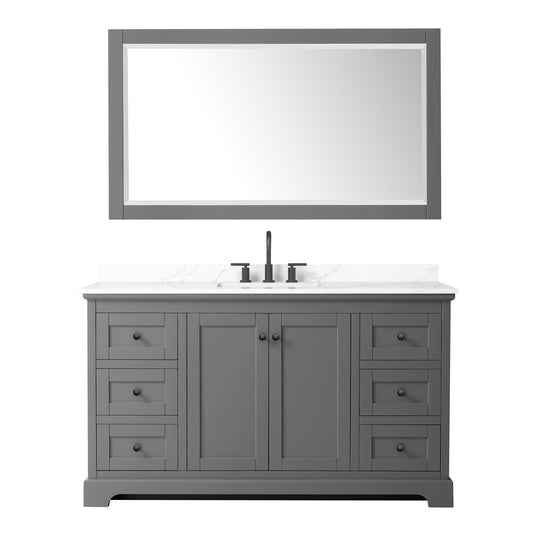 Wyndham Collection Avery 60" Single Bathroom Vanity in Dark Gray, Giotto Quartz Countertop, Undermount Square Sink (3-Hole), Matte Black Trim and 58" Mirror