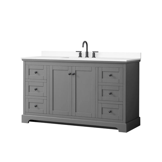 Wyndham Collection Avery 60" Single Bathroom Vanity in Dark Gray, White Cultured Marble Countertop, Undermount Square Sink (3-Hole), Matte Black Trim