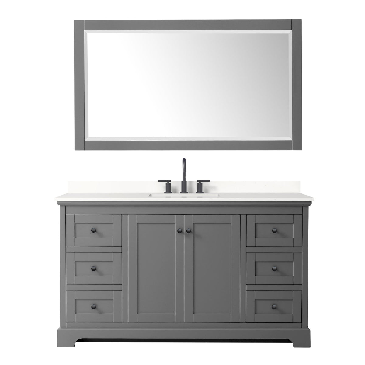 Wyndham Collection Avery 60" Single Bathroom Vanity in Dark Gray, White Quartz Countertop, Undermount Square Sink (3-Hole), Matte Black Trim and 58" Mirror