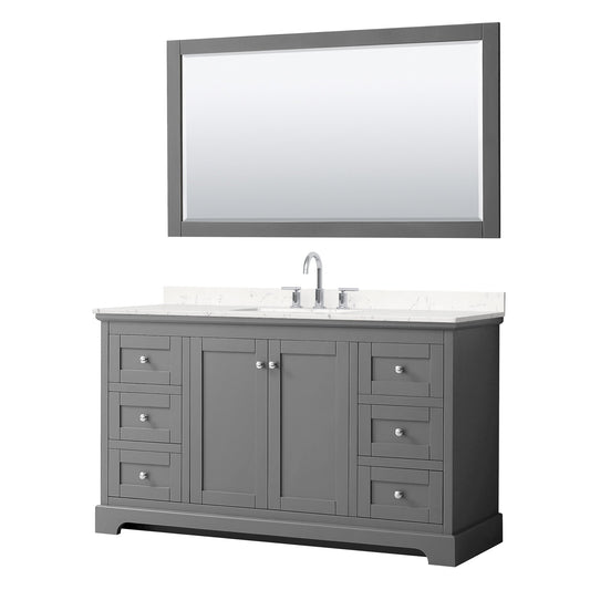 Wyndham Collection Avery 60" Single Bathroom Vanity in Dark Gray, Carrara Cultured Marble Countertop, Undermount Square Sink (3-Hole), Polished Chrome Trim and 58" Mirror