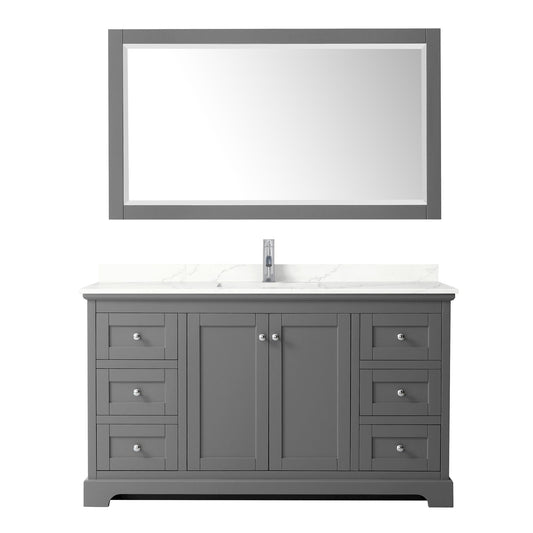 Wyndham Collection Avery 60" Single Bathroom Vanity in Dark Gray, Giotto Quartz Countertop, Undermount Square Sink (1-Hole), Polished Chrome Trim and 58" Mirror