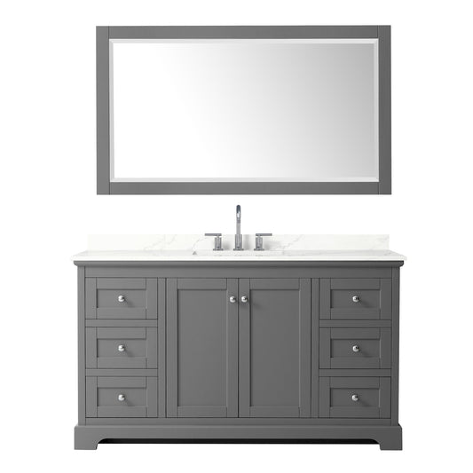 Wyndham Collection Avery 60" Single Bathroom Vanity in Dark Gray, Giotto Quartz Countertop, Undermount Square Sink (3-Hole), Polished Chrome Trim and 58" Mirror