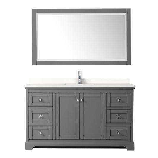 Wyndham Collection Avery 60" Single Bathroom Vanity in Dark Gray, White Quartz Countertop, Undermount Square Sink (1-Hole), Polished Chrome Trim and 58" Mirror