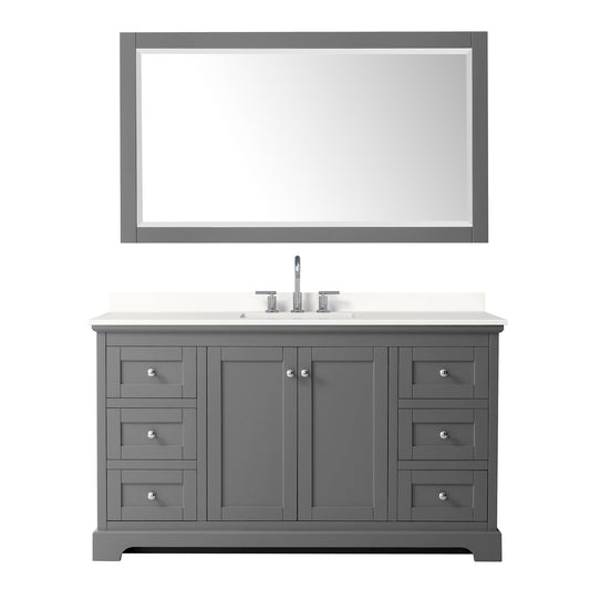 Wyndham Collection Avery 60" Single Bathroom Vanity in Dark Gray, White Quartz Countertop, Undermount Square Sink (3-Hole), Polished Chrome Trim and 58" Mirror