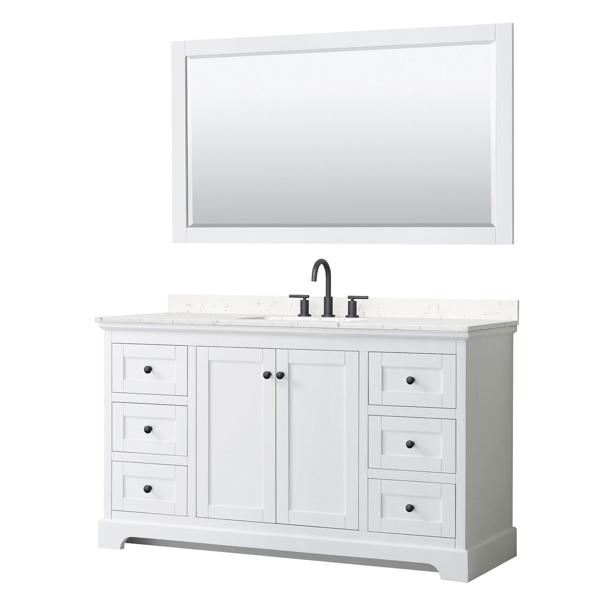 Wyndham Collection Avery 60" Single Bathroom Vanity in White, Carrara Cultured Marble Countertop, Undermount Square Sink (3-Hole), Matte Black Trim and 58" Mirror