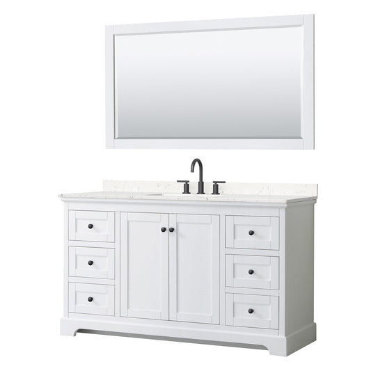 Wyndham Collection Avery 60" Single Bathroom Vanity in White, Carrara Cultured Marble Countertop, Undermount Square Sink (3-Hole), Matte Black Trim and 58" Mirror