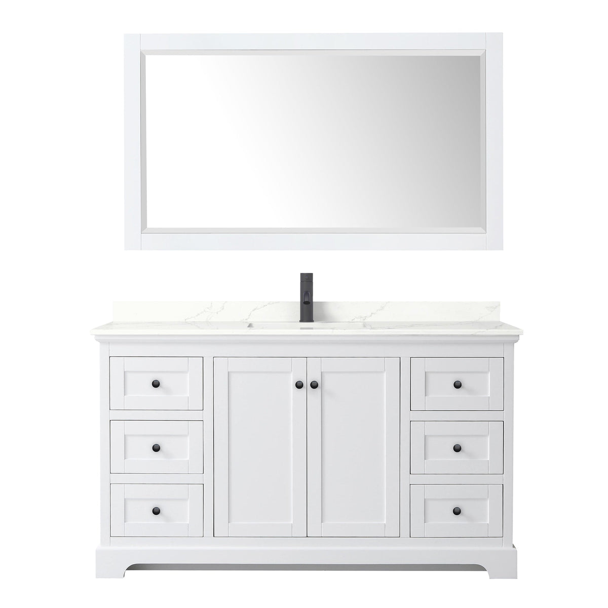 Wyndham Collection Avery 60" Single Bathroom Vanity in White, Giotto Quartz Countertop, Undermount Square Sink (1-Hole), Matte Black Trim and 58" Mirror