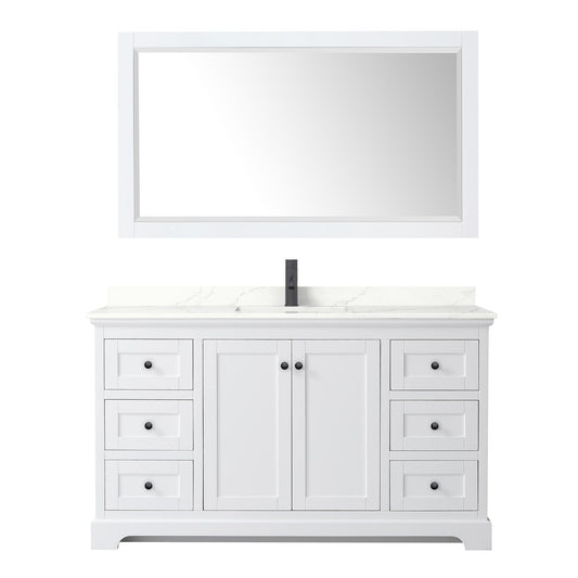 Wyndham Collection Avery 60" Single Bathroom Vanity in White, Giotto Quartz Countertop, Undermount Square Sink (1-Hole), Matte Black Trim and 58" Mirror
